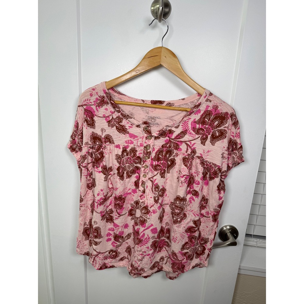Pilcro Anthropologie Pink Floral Slub Knit Henley Short Sleeve Top Small